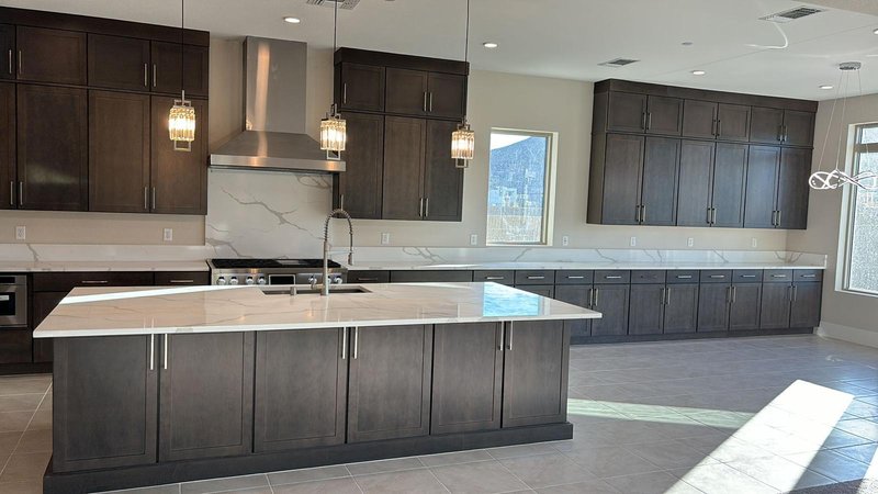 Cocina moderna con gabinetes oscuros e isla de cuarzo